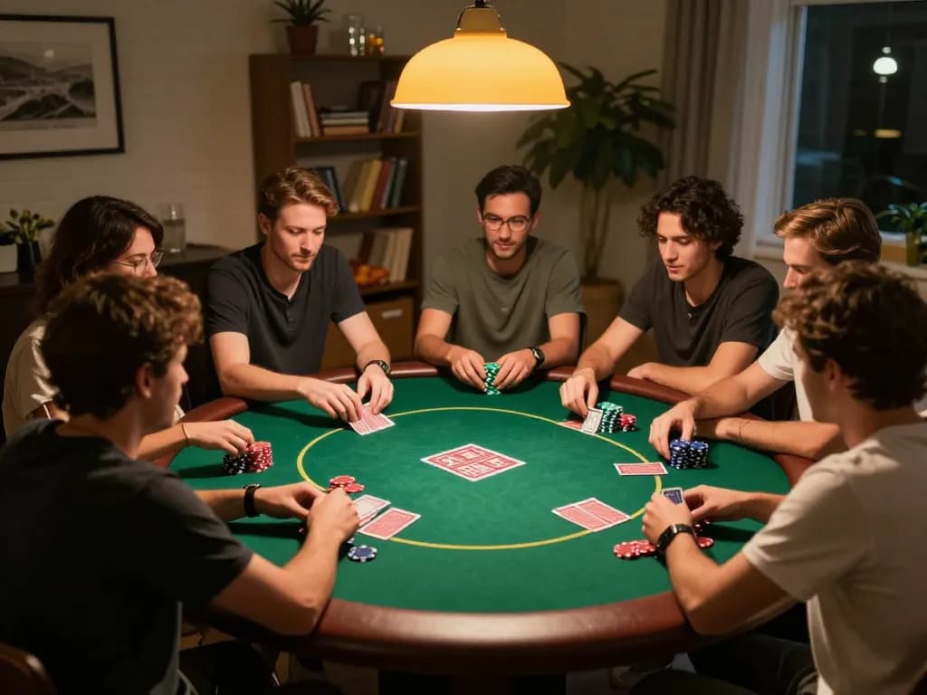 Winning strategies at MM88 home poker night, players engaged in Texas Hold'em.