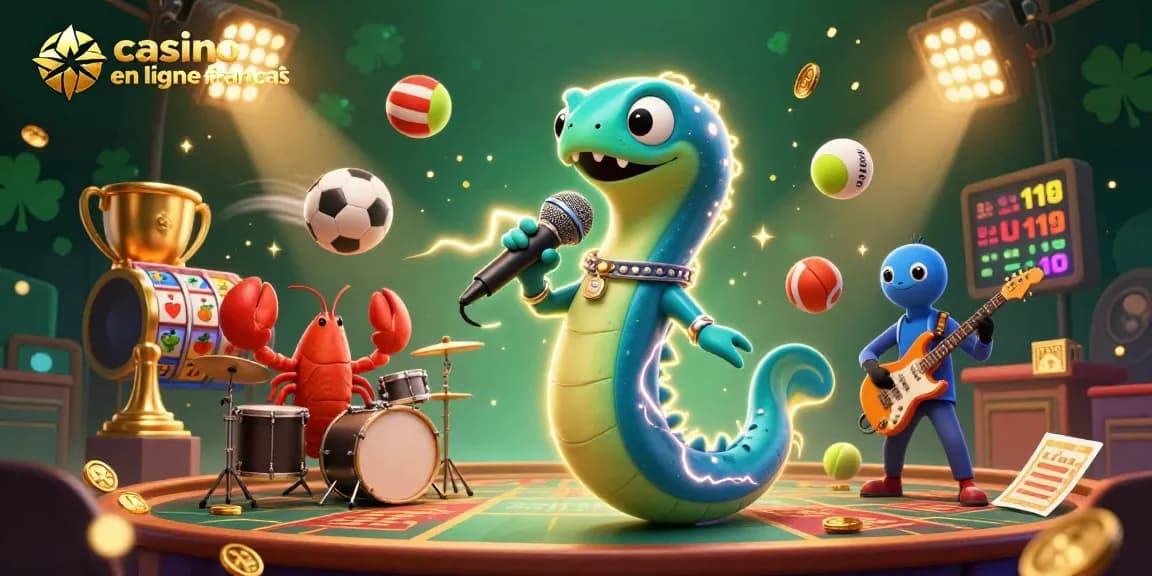 Illustrez l'ambiance de casino en ligne français avec un calmar DJ et un groupe sous-marin vibrant.