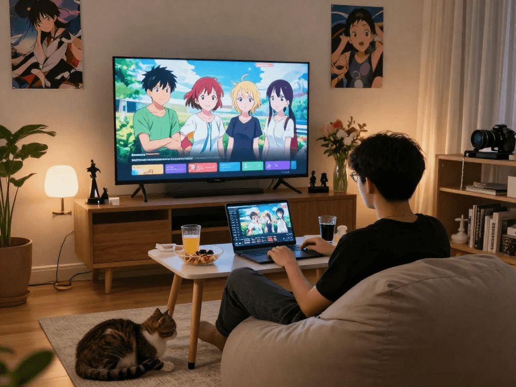 Menonton anime di AnimePlay dengan suasana nyaman di rumah, laptop terbuka dan poster anime menghiasi dinding.