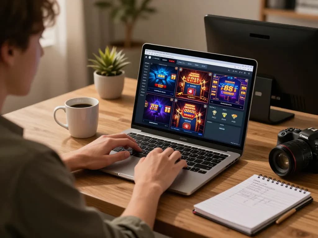Gamer engages with slot88 online, showcasing laptop and strategic notes in comfortable workspace.
