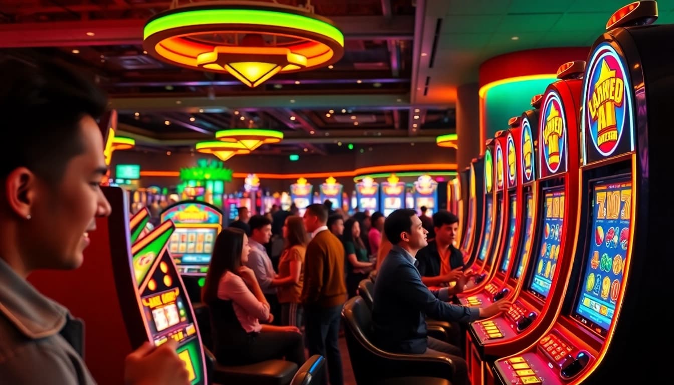 Menangkan permainan pakde4d slot dengan suasana kasino yang meriah dan mesin slot berwarna-warni.