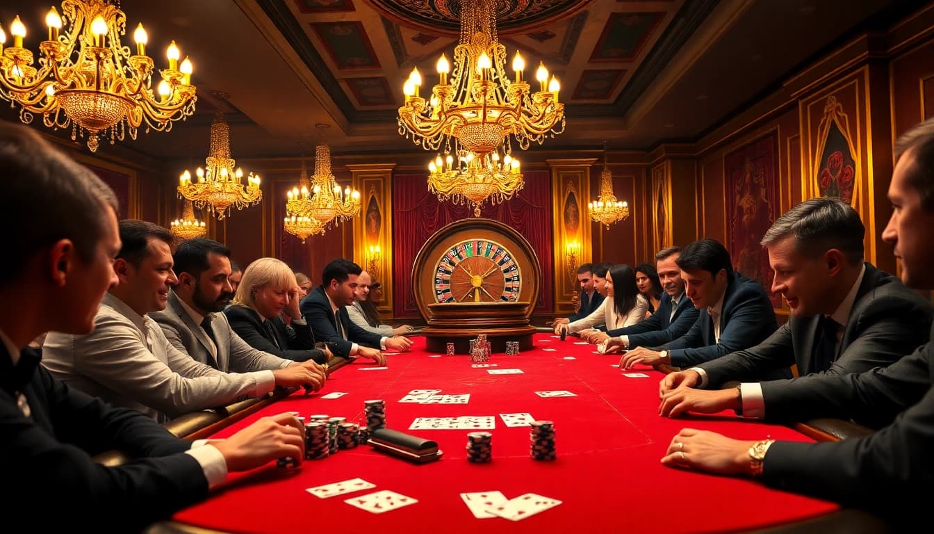 Des joueurs engagés profitant d'un jeu à enjeux élevés à une table de poker luxueuse dans un casino en ligne.
