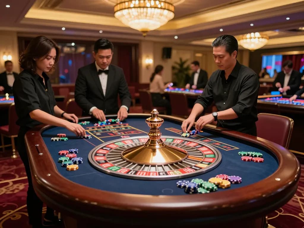 Engaged players at a roulette table on a situs gacor casino floor, betting during an exciting game.