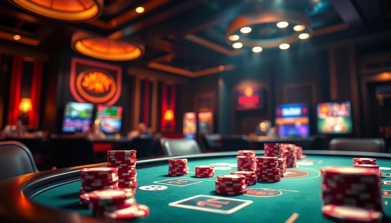 Perangkat permainan ibet44 yang menarik di meja kasino, menonjolkan suasana kompetitif.