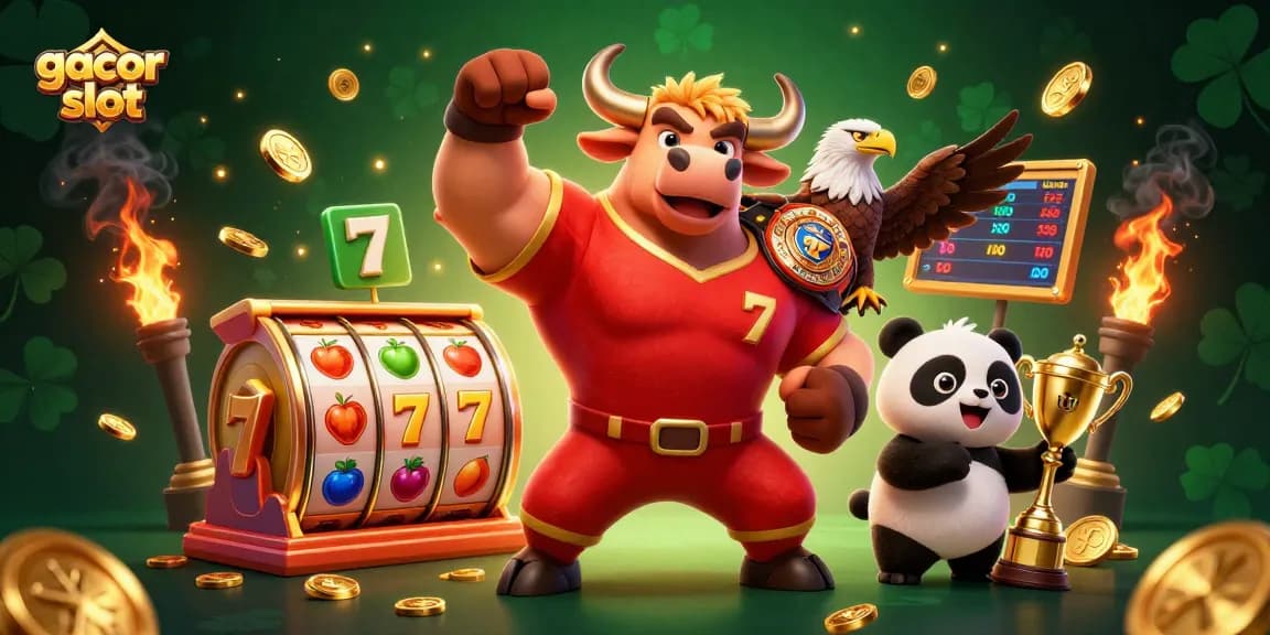 Experience thrilling gacor slot action with a powerful bull, eagle, and panda celebrating amid dynamic casino elements.