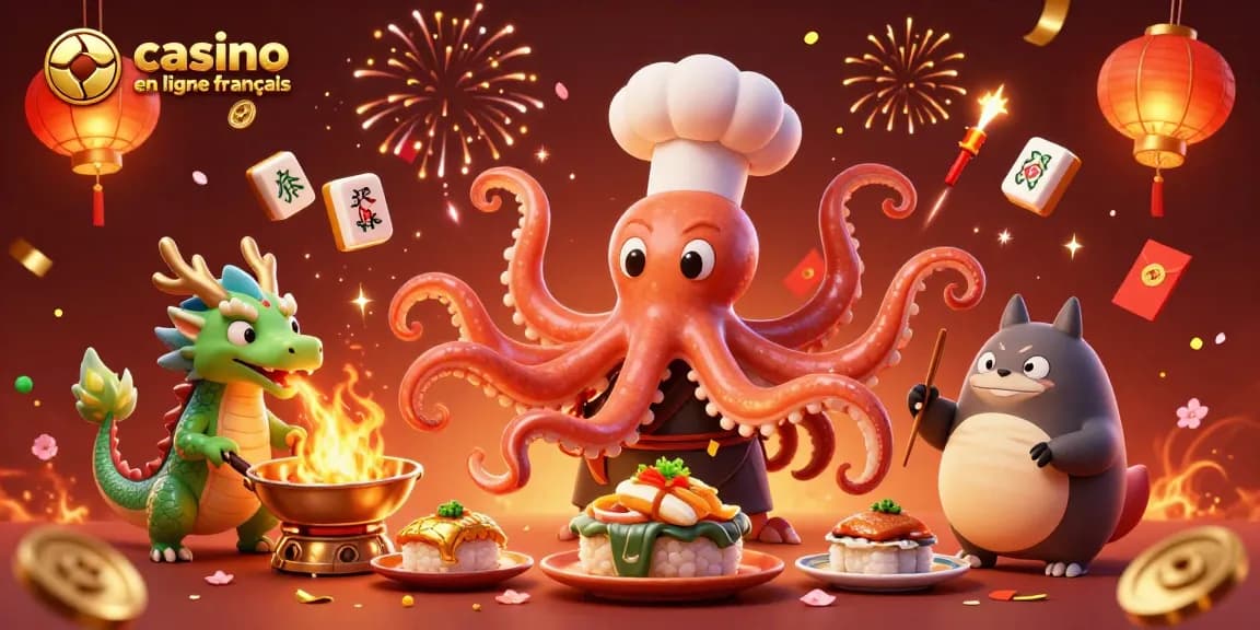 Profitez d'une scène dynamique au casino en ligne français avec un chef sushi et des éléments de jeux captivants.