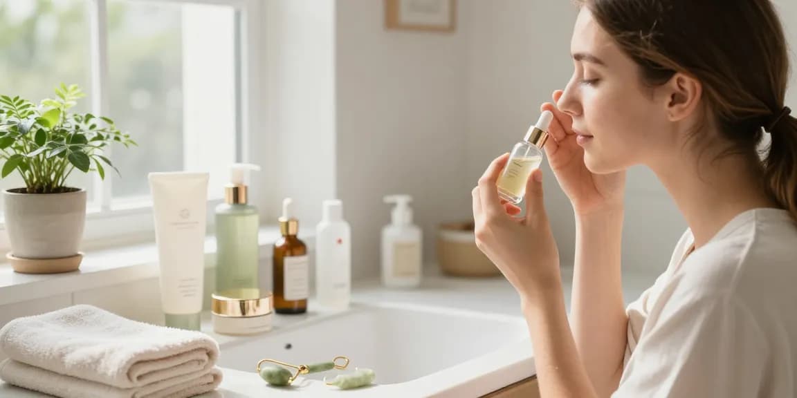 Femeie angajată în rutina sa de îngrijire a pielii cu diverse produse într-o baie luminoasă.