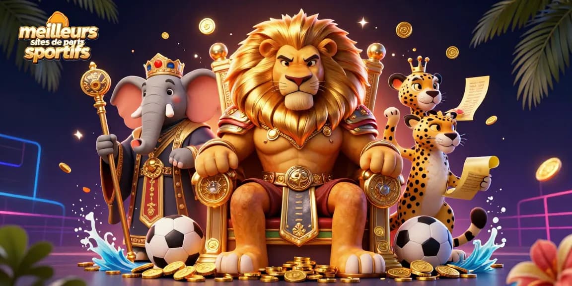 Image dynamique illustrant les meilleurs sites de paris sportifs avec un lion roi en armure dorée.