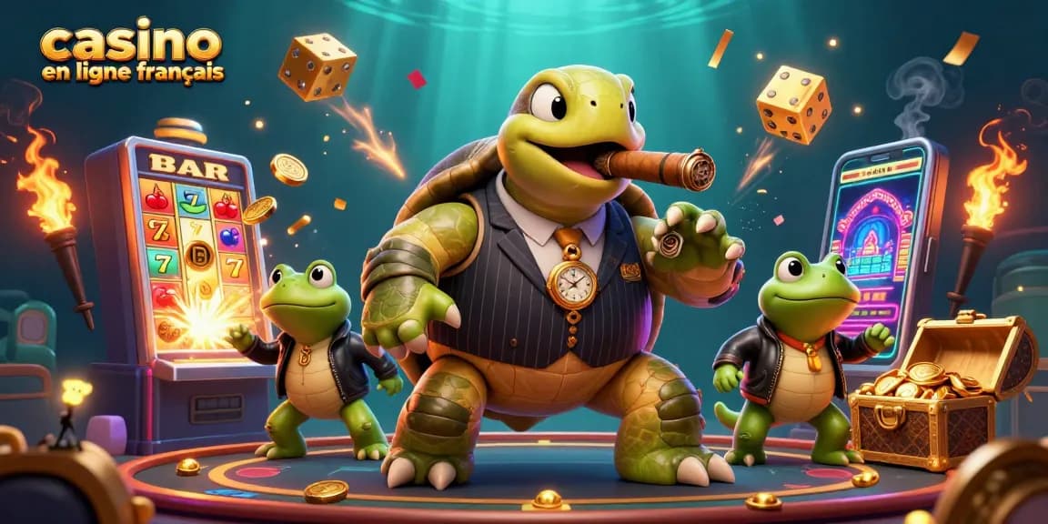 Plongée dans l'animation avec un scénario dynamique au casino en ligne français; tortue et grenouilles illuminent l'ambiance avec des machines à sous.