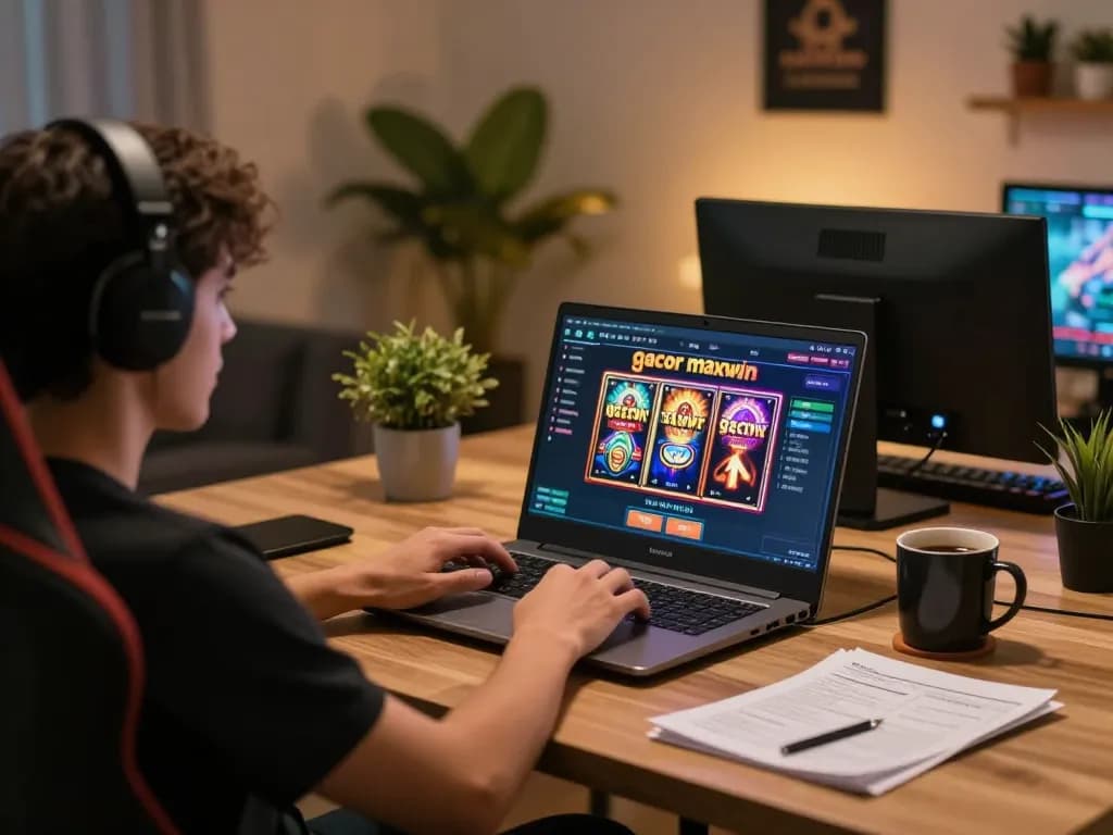 Engaging in slot gacor maxwin gaming on a stylish home setup, showcasing strategic notes and cozy atmosphere.
