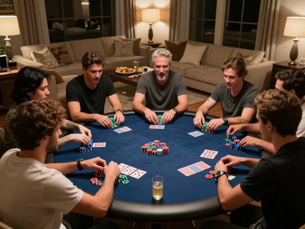 Engaged players enjoying a friendly poker night showcasing nhà cái 388bet action and strategy.