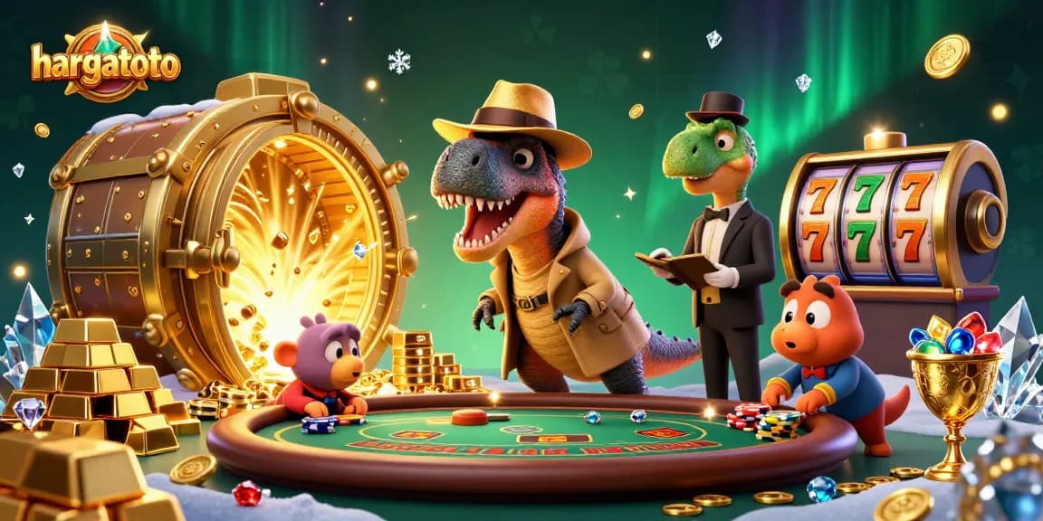 Join the hargatoto excitement with a velociraptor card counter and more in this cartoon casino scene.