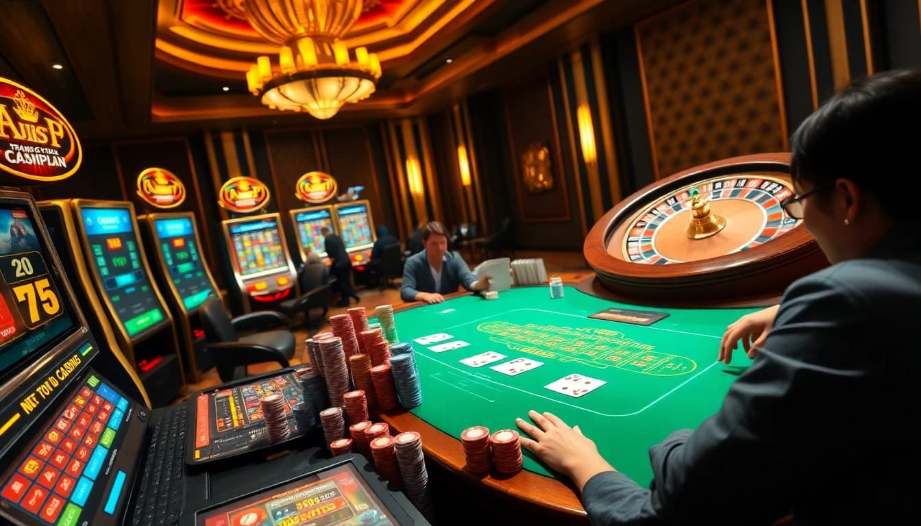 Engaging poker game scene depicting Trang chủ OK8386 with exciting casino elements and vibrant lighting.