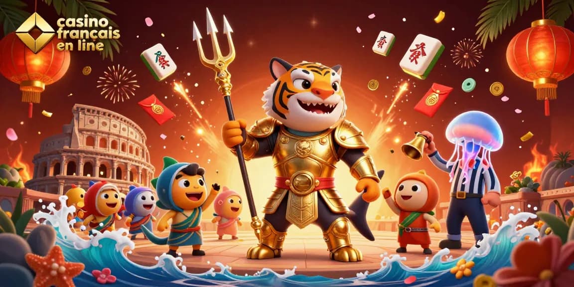 Plongez dans l'univers dynamique des jeux avec casino français en ligne, animé par un requin tigre en armure dorée et un arbitre méduse.