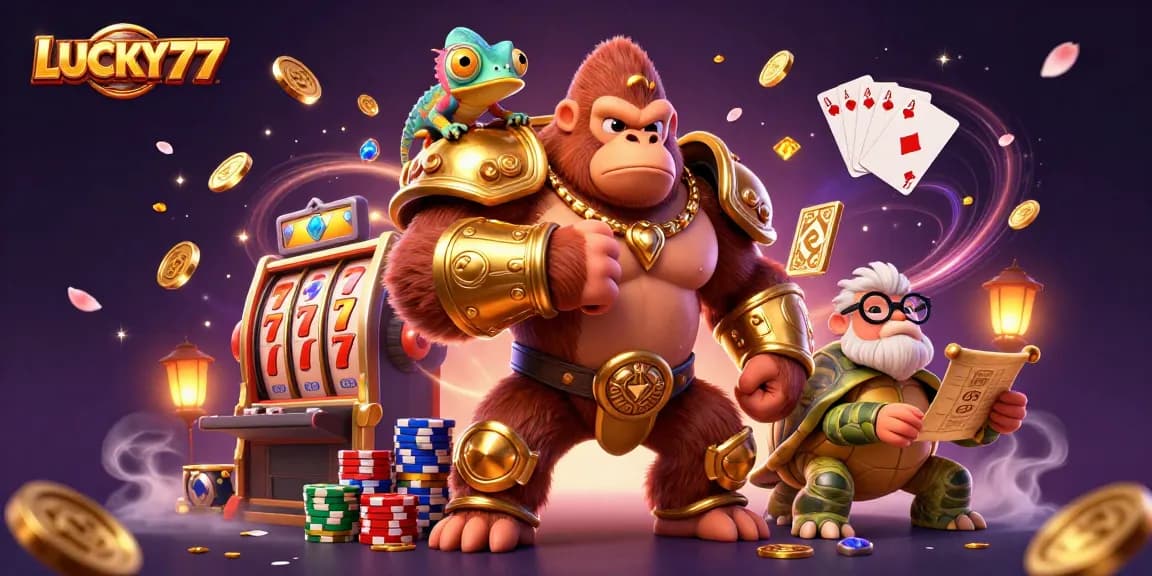 LUCKY77 depicts a powerful gorilla king and friends in an action-packed casino scene.