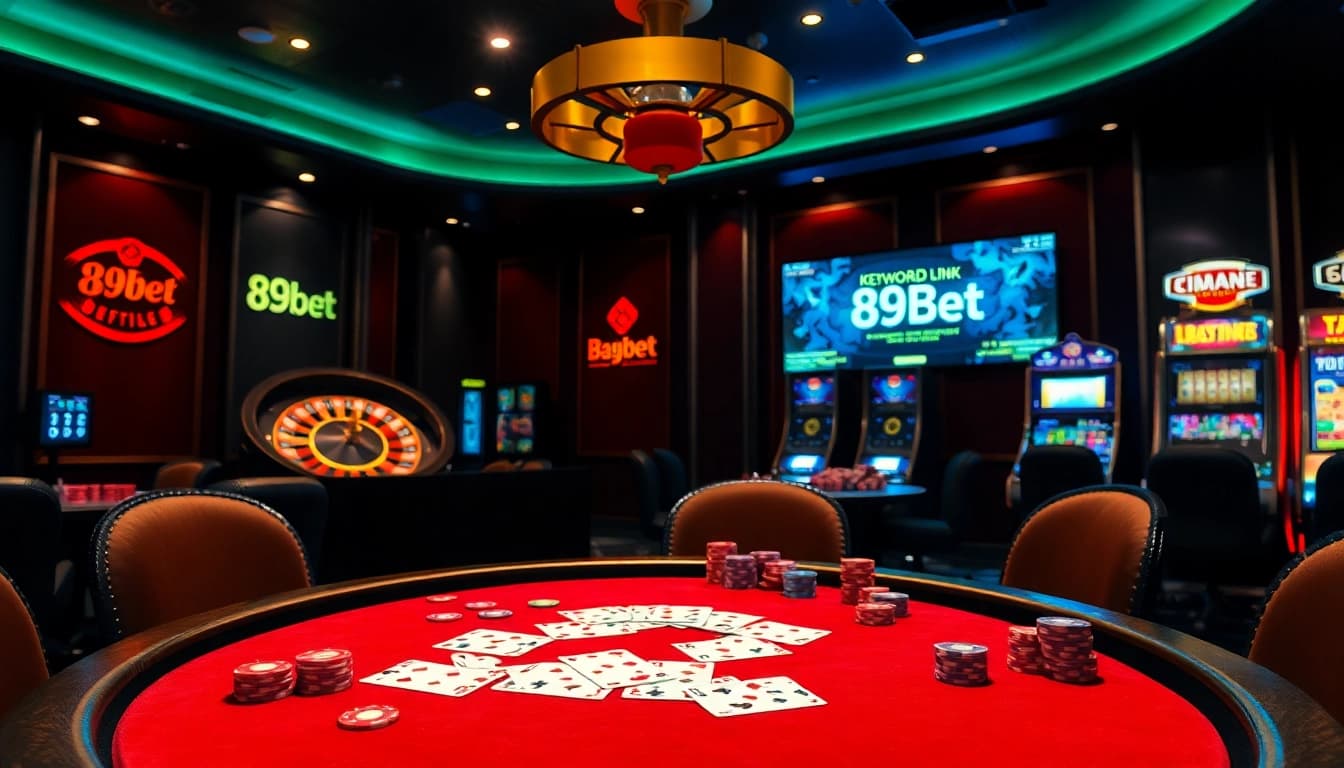 Engaging poker game at a lavish casino enhancing excitement with link 89bet prominently featured.