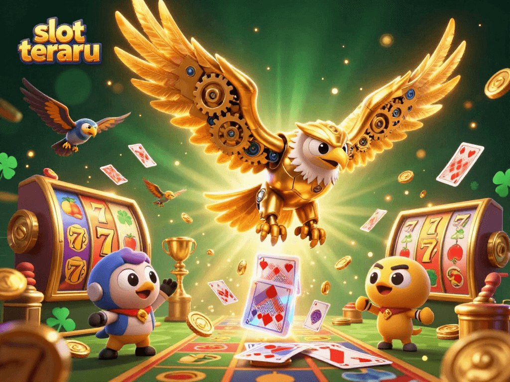 Experience slot terbaru excitement with a vibrant 3D illustration featuring action-packed gaming elements.
