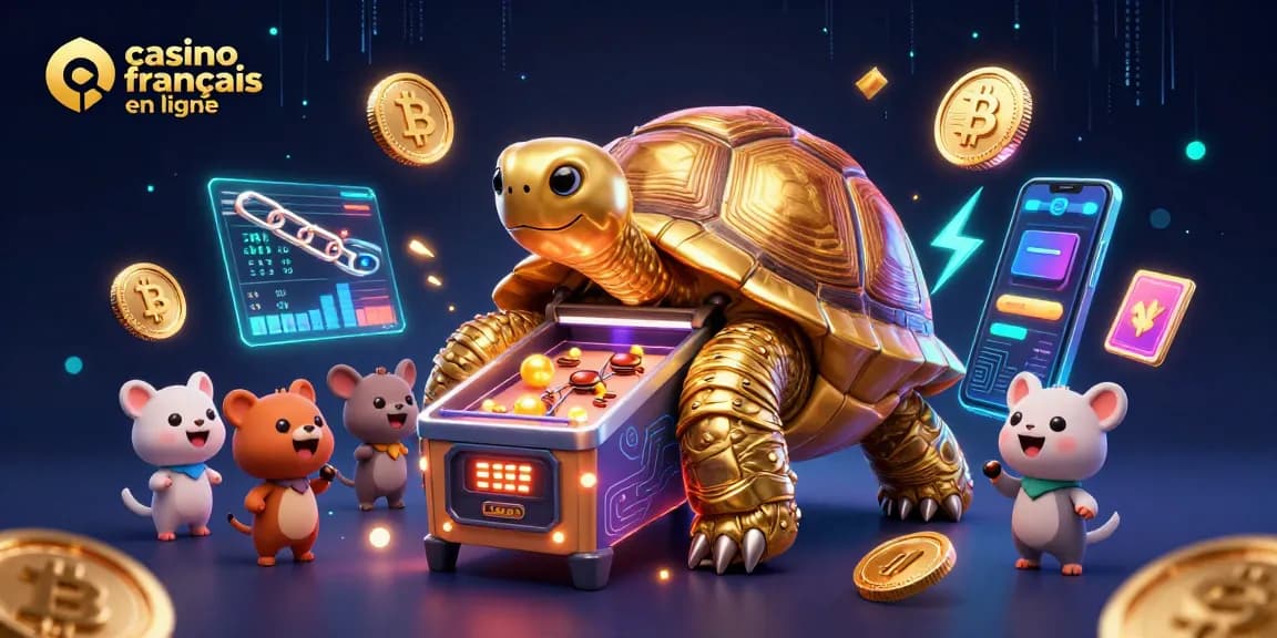 Jouer au casino français en ligne avec une tortue colossale pinball animée et des pièces de crypto scintillantes.