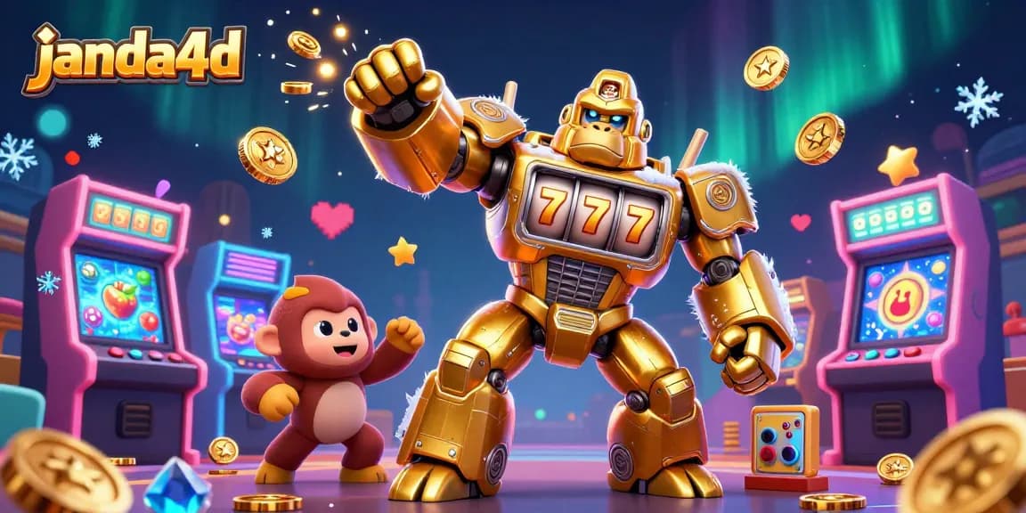 Gambaran 3D karakter janda4d dengan gorila emas dan mesin slot, menghadirkan keseruan kasino.
