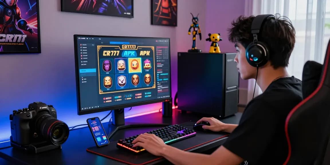 Gamer memainkan CR777 dengan antusias di ruang gaming modern, menampilkan APK slot gacor.