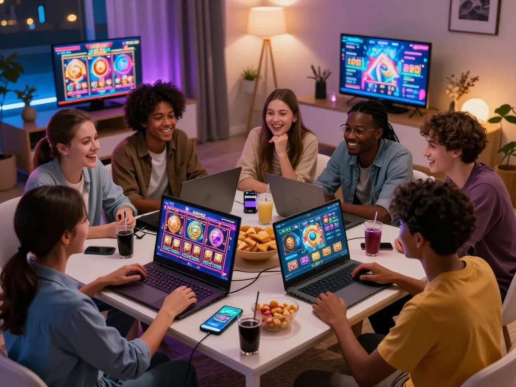 Grup permainan online menikmati permainan slot laoban188 di ruang tamu yang berwarna-warni.