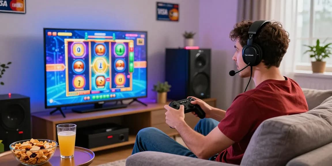 Excited player engaged with credit card casino games at home, featuring https://chps.org.uk/ logos.
