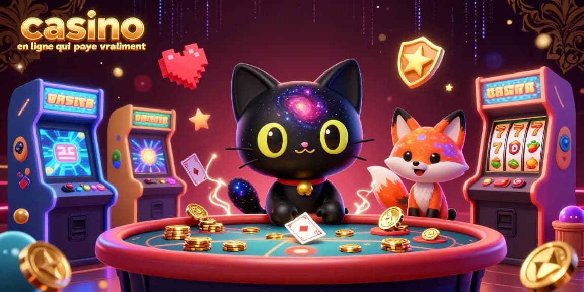 Casino en ligne qui paie vraiment : illustration animée d'un chat noir trou noir au centre d'une table de casino avec des jetons d'or et des machines à sous.