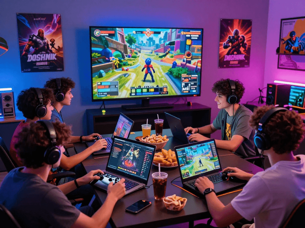 Exciting gaming night showcasing friends playing an adult game with vibrant decor and immersive experience
