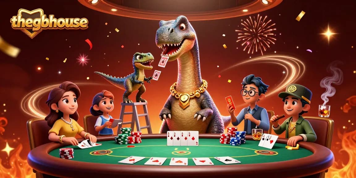 Thegbhouse showcases an exciting scene with a tall cartoon brontosaurus and a clever raptor dealing cards at a poker table.