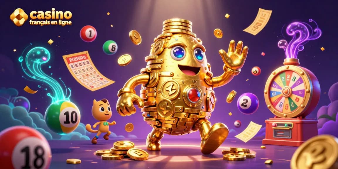 Découvrez un golem d'or dans un casino français en ligne vibrant, entouré de loteries et jeux.
