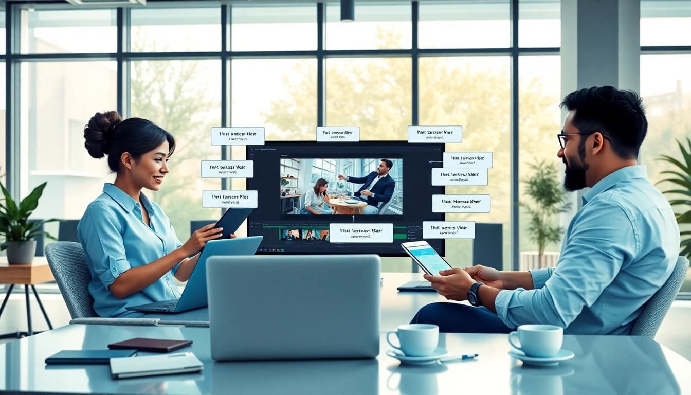 Professional collaboration using a video to prompt generator in a modern workspace.