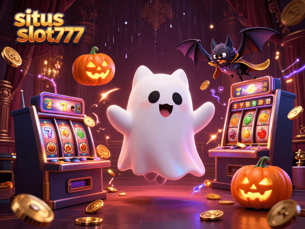 Engage with the situs slot777 experience featuring a ghost cat and bat in a haunted casino with glowing elements.