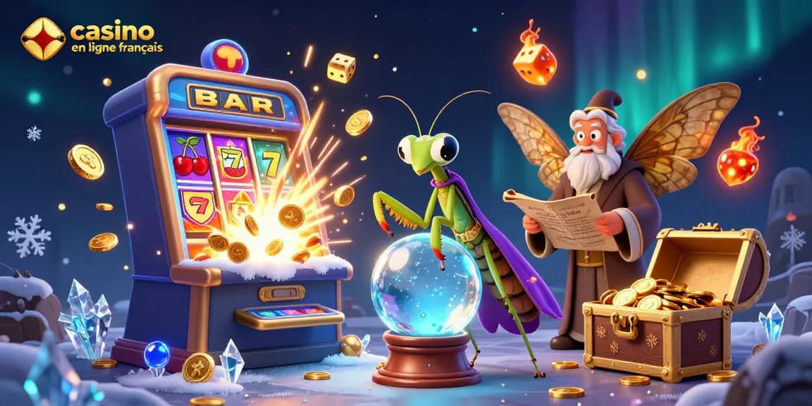 Jouez au casino en ligne français avec cette illustration captivante de personnages mystiques et des éléments de jeu.