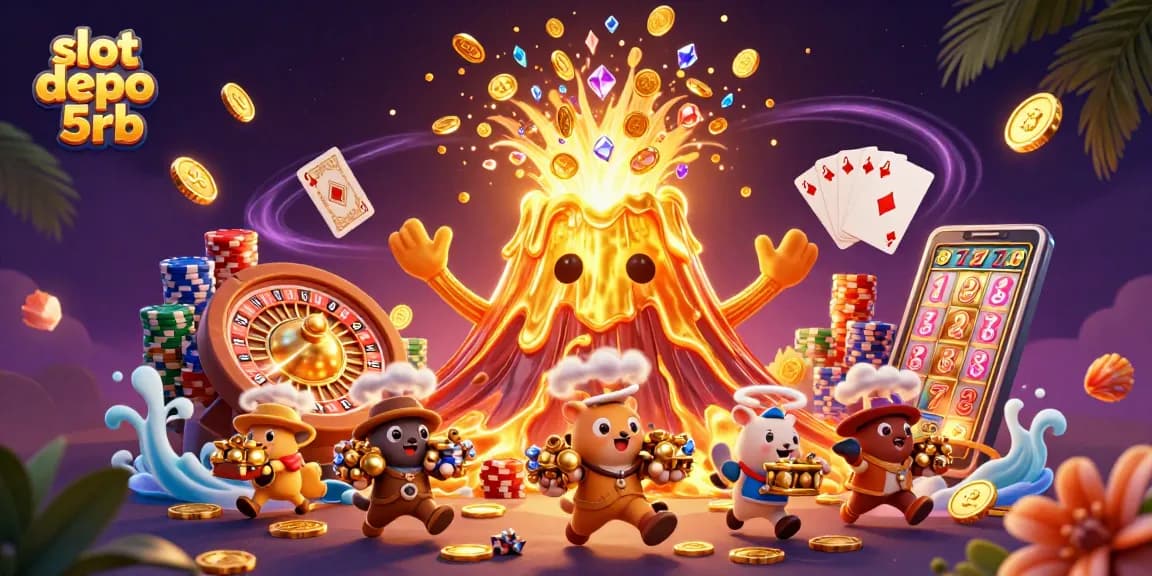 Spin to win at slot depo 5rb with vibrant treasures amidst golden eruptions.