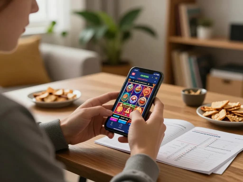 situs slot gacor gaming from home with smartphone showcasing live slots and snacks