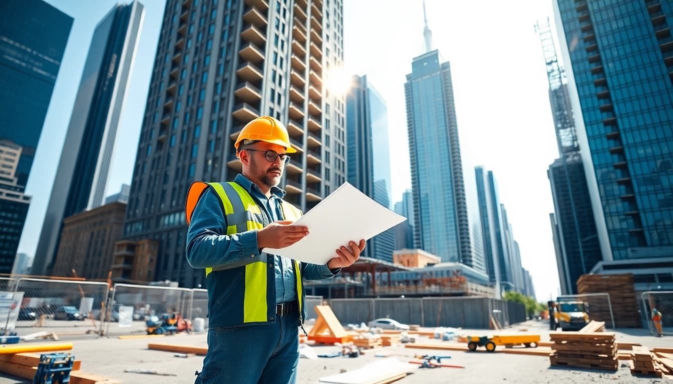 Manhattan General Contractor examining blueprints at a bustling construction site.