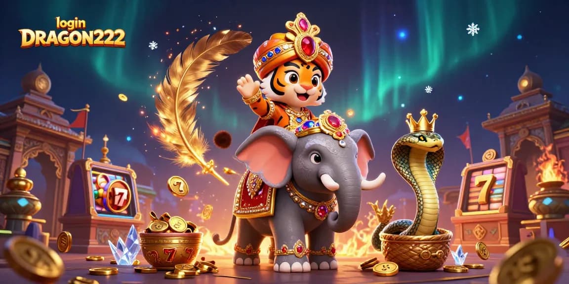 Experience the excitement of login DRAGON222 with a vibrant elephant, tiger, and cobra in a dynamic casino setting.