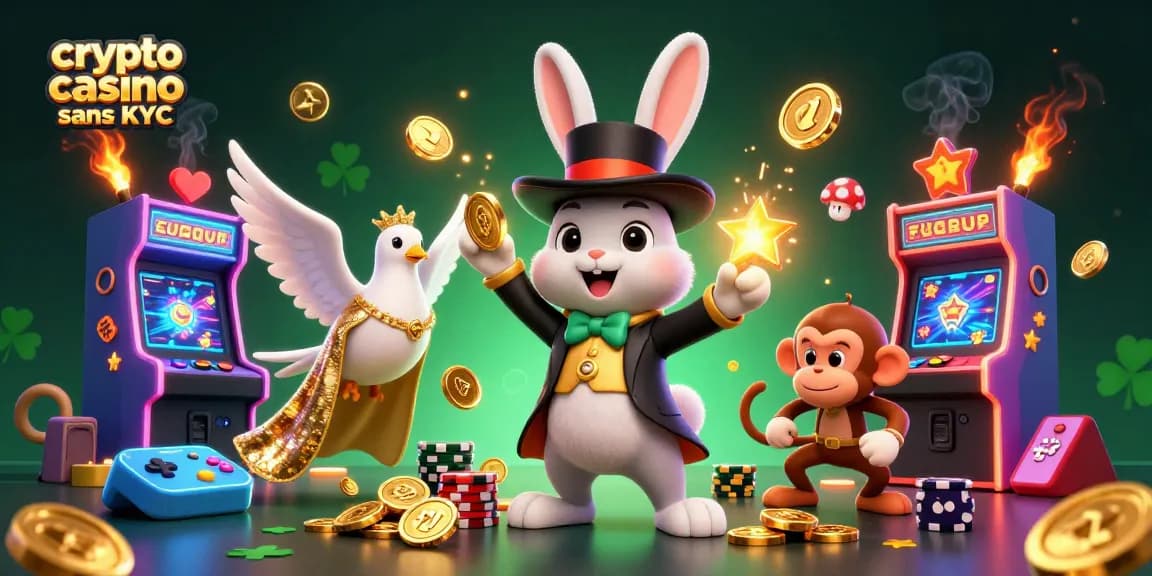 Jouez à un crypto casino sans KYC avec des pièces dorées et des personnages animés dans une scène magique.