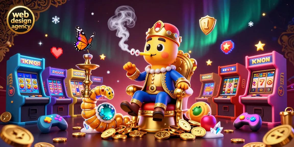 A vibrant casino scene showcasing a playful web design agency theme with colorful slot reels and gaming elements.