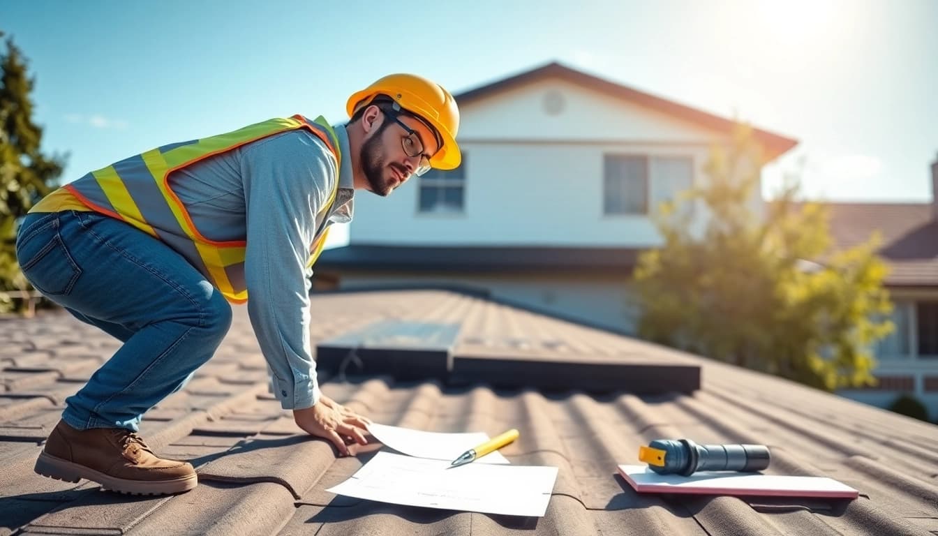 Inspecting high-quality roofing solutions with a technician on a bright sunny day.