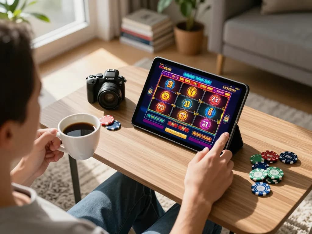 Playing casino slots on a tablet at home, ideal for casino stranieri che accettano italiani, enjoying a cozy gaming experience.