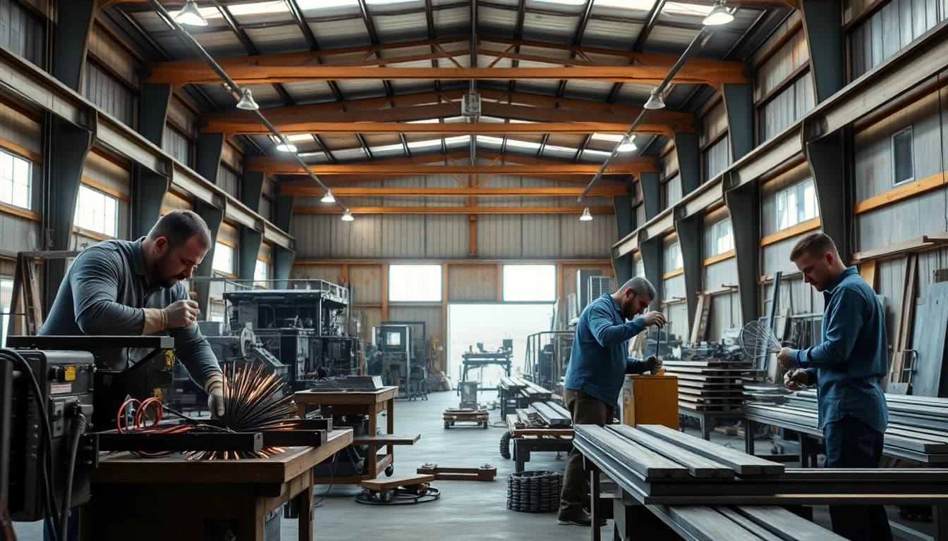 Craftsmen executing custom steel fabrication in a modern workshop.