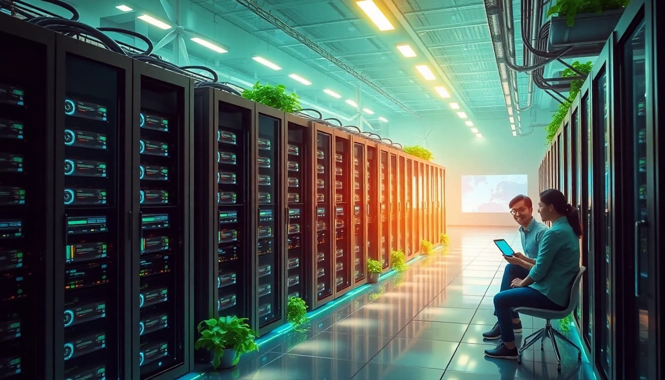 Cloud mining app interface displaying real-time cryptocurrency earnings in a modern renewable energy data center.