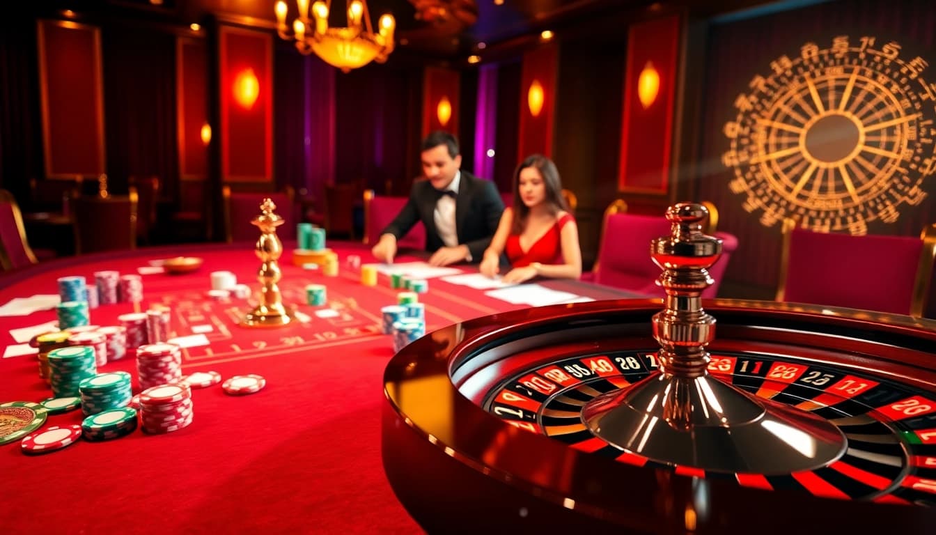 Adegan kasino yang menarik merayakan kemenangan Datuk Win dengan chip poker berwarna-warni dan roda roulette.