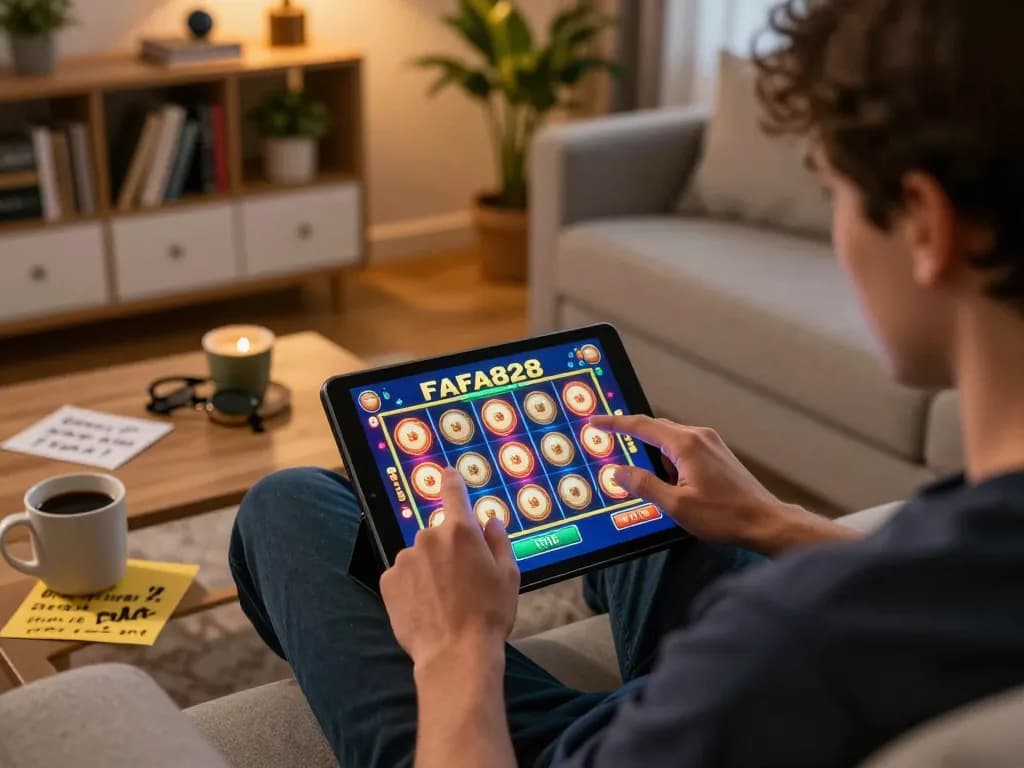 Player engaging in exciting FAFA828 online slot gameplay on a cozy sofa setup, showcasing fun gambling experience