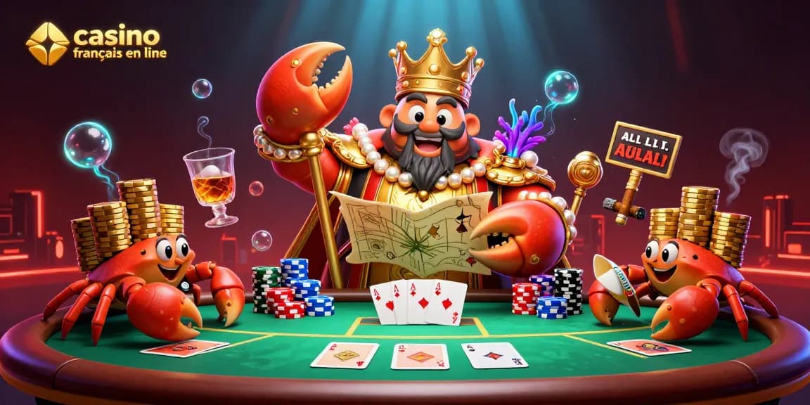 Découvrez le jeu au casino français en ligne avec un crabe roi et des serviteurs en arrière-plan.