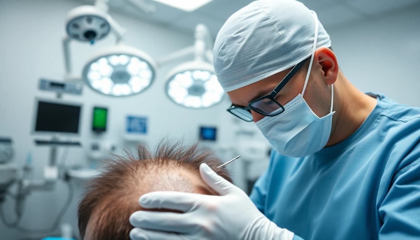 Surgeon performing hair transplant in a modern clinic showcasing precision techniques.