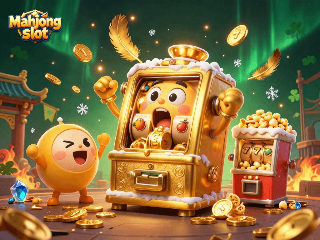 Exciting mahjong slot scene with a golden slot machine celebrating a jackpot as coins pour out.