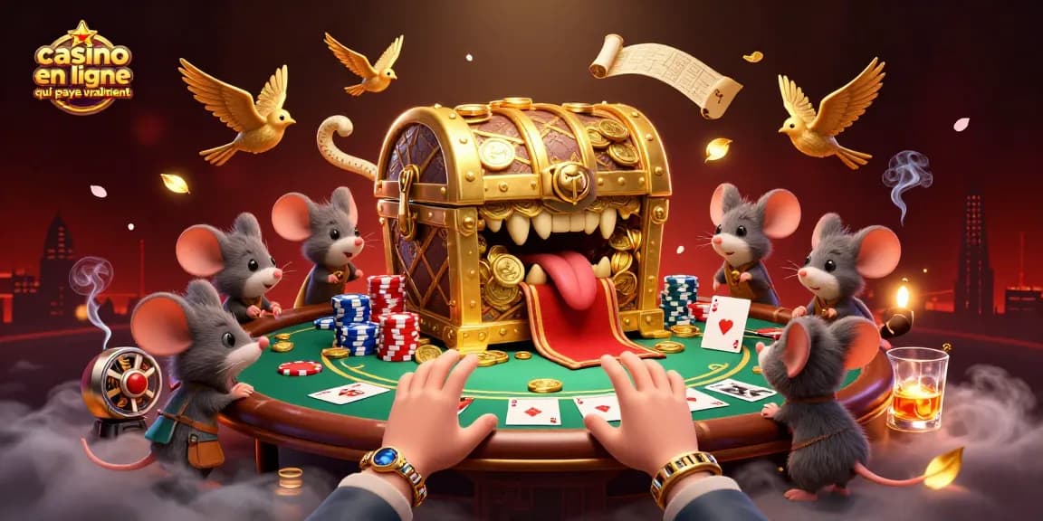 Illustration d'un casino en ligne qui paye vraiment, avec un coffre au trésor attirant et des éléments de poker captivants.