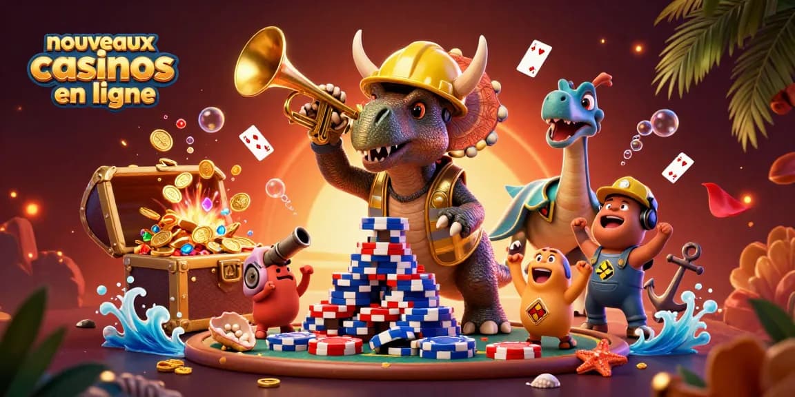 Découvrez les nouveaux casinos en ligne avec un triceratops en sécurité construisant une pyramide de jetons de poker.